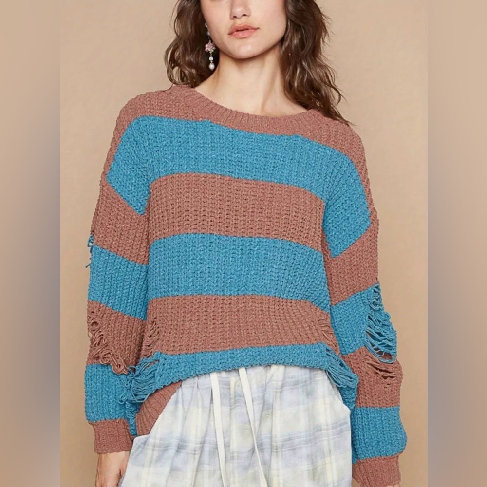 POL Blue and Brown Striped CHUNKY Distressed Sweater